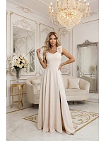 643-3 Elegantní večerní maxi šaty s rozparkem a růžemi - béžové