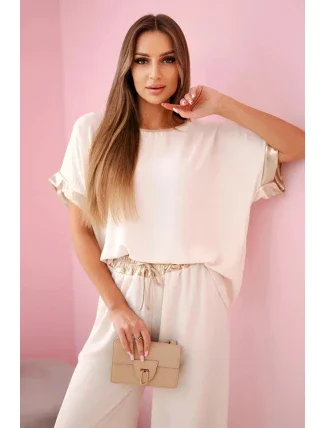 Viskózový komplet se zlatým lemováním béžový