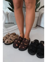 Dámské pantofle s pásky a zlatým sponou Tmavě béžové Roselisse