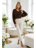 661-2 Teplý svetr oversize s fleecovou vazbou a výstřihem do V - čokoládový