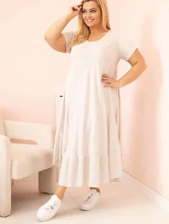 Dámské šaty plus size s krátkým rukávem a volánem z lehké viskózy béžová