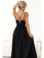 589-1 Dlouhé šaty s jemným třpytem a korzetovým zavazováním na zádech - ČERNÉ se třpytkami