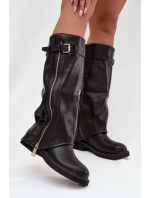 Dámské kozačky s obráceným límcem sponou a stříbrným zipem vyhřívané černé Bressa