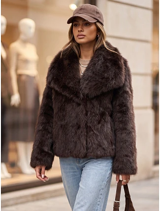 Krátký dámský kožich s širokým límcem, hnědý, FashionStreet TY5906
