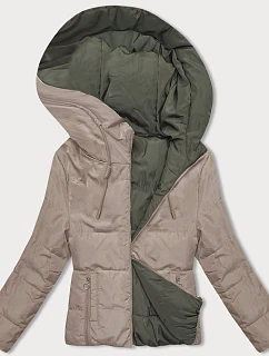 Oboustranná krátká bunda s kapucí cappuccino-khaki (B8181-12011)