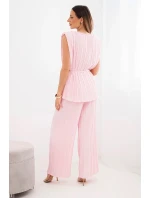 Dámský viskózový plisovaný komplet s vázanou halenkou a širokými kalhotami cukrově růžová