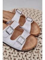 Materiálové pantofle na korkové podrážce s přezkami světle šedé Atera