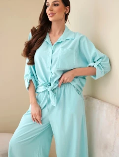 Dámský bavlněný komplet s uvázanou košilí a širokými nohavicemi mentolový