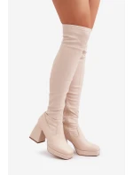 Upnuté kozačky nad kolena na podpatku jasně béžové Sanniraen