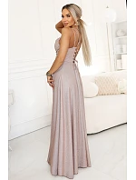 589-4 Dlouhé šaty s jemným třpytem a korzetovým zavazováním na zádech - béžovo-růžové s třpytkami