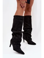 Zmačkané kozačky na jehlovém podpatku z ekzem veluru vyhřívané černé Mavella
