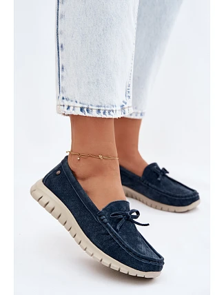 Dámské mokasíny z přírodního semiše s mašlí Vinceza 95401 tmavě modré