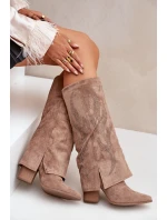 Zdobené Kozačky S Ohnutým Štítem Na Podpatku Tmavě Béžové Ivilta