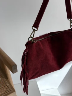 Kožená semišová kabelka s třásněmi bordová Jessira