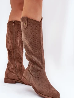 Kozačky Na Plochém Podpatku S Vzorem Hnědé S.Barski HY51-062