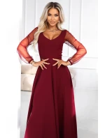640-1 LORETTA jedinečné dlouhé šaty s tylovými rukávy a výstřihem - vínové 640-1 LORETTA jedinečné dlouhé šaty s tylovými rukávy a výstřihem - vínové