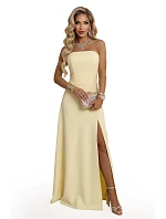 663-3 ELARA korzetové maxi šaty s rozparkem a zavazováním na zádech - máslově žluté