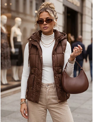 Dámská prošívaná vesta s kapucí, hnědá, FashionStreet TY5975 Dámská prošívaná vesta s kapucí, hnědá, FashionStreet TY5975