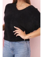 Dámský svetr z měkkého chlupatého materiálu s V výstřihem krátký rukáv černý Dámský svetr z měkkého chlupatého materiálu s V výstřihem krátký rukáv černý