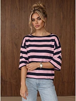 Dámský oversize svetr s pruhy v tmavě modré a růžové barvě FashionStreet MY2609