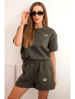 Dámská punto souprava s krátkým rukávem a volnými šortkami khaki
