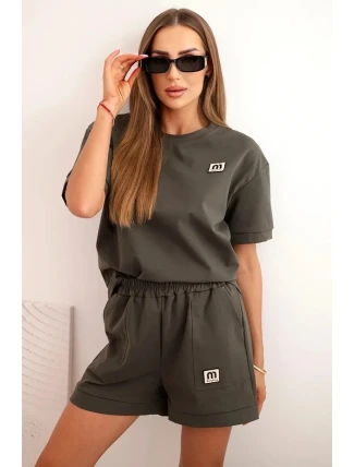 Dámská punto souprava s krátkým rukávem a volnými šortkami khaki