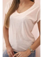 Dámská bavlněná halenka s V výstřihem a krátkým rukávem pudrově růžová Dámská bavlněná halenka s V výstřihem a krátkým rukávem pudrově růžová