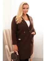 Dámský elegantní kabát Plus Size s límcem a velkými kapsami hnědý
