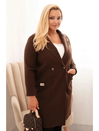 Dámský elegantní kabát Plus Size s límcem a velkými kapsami hnědý
