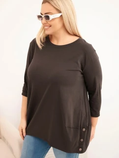 Dámská blůza Plus Size z bavlny s ozdobnými knoflíky a ohrnutými rukávy hnědá