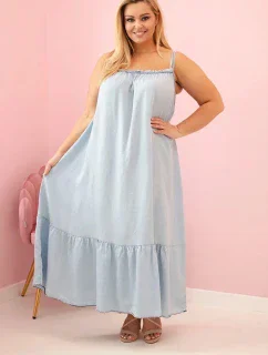 Dámské plus size šaty na ramínka s volánem světle džínová