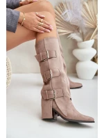 Kozačky Na Podpatku S Otočeným Svrškem A Přezkami Béžové Vamissa