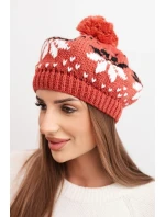 Dámská zimní čepice z vlny s motivem sněhových vloček a pomponem K457 ruda