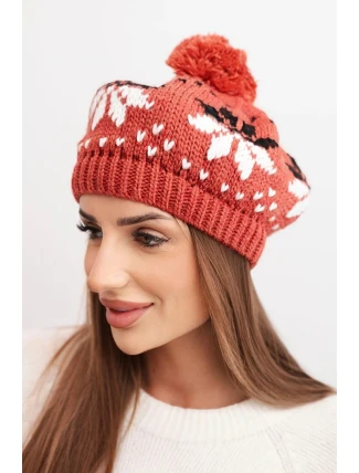 Dámská zimní čepice z vlny s motivem sněhových vloček a pomponem K457 ruda