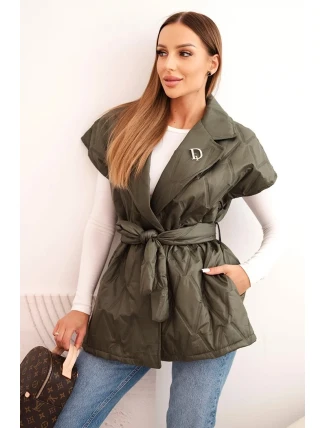 Dámská prošívaná vesta s páskem a širokým límcem khaki