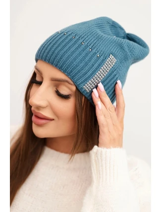 Dámská zimní čepice z vlny s cyrkony K453 jeansová