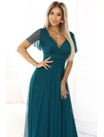 562-4 NASTIA Dlouhé šaty s výstřihem a krátkými rukávy - ZELENÉ