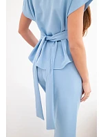 Dámský komplet z měkkého úpletu s halenkou s krátkým rukávem a širokými kalhotami modrý Dámský komplet z měkkého úpletu s halenkou s krátkým rukávem a širokými kalhotami modrý