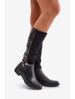 Zateplené kozačky na plochém podpatku s ozdobnou sponou černé Leatharia