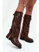 Dámské kozačky s ohrnovaným svrškem, sponou a stříbrným zipem, zateplené Bressa – hnědé