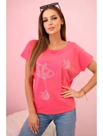 Dámská blůza s krátkým rukávem a kamínky růžová
