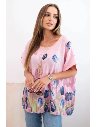 Dámská bavlněná košile s květinovým vzorem světle růžová