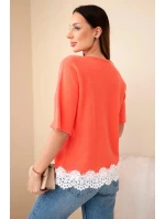 Svetr dámský s krátkým rukávem a krajkou malinový