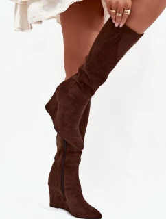 Zateplené dámské kozačky na klínu čokoládové Rosina