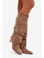Dámské zateplené kozačky na jehlovém podpatku Mavella – béžové, eko semiš