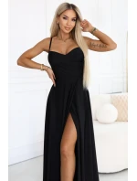 646-4 Dlouhé společenské šaty bez ramínek s rozparkem na nohou - černé