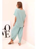 Komplet z viskózy halenka + kalhoty tmavá máta