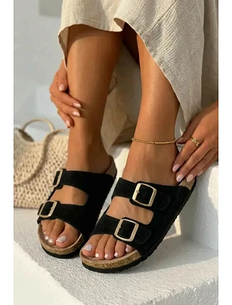 Semišové pantofle na korkové podrážce s přezkami Černé Tavira