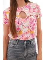 Dámská viskózová žebrovaná halenka s květinovým potiskem světle růžová