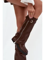 Dámské kozačky s obráceným horním lemem s přezkou a stříbrným zipem Vyhřívané hnědé Bressa